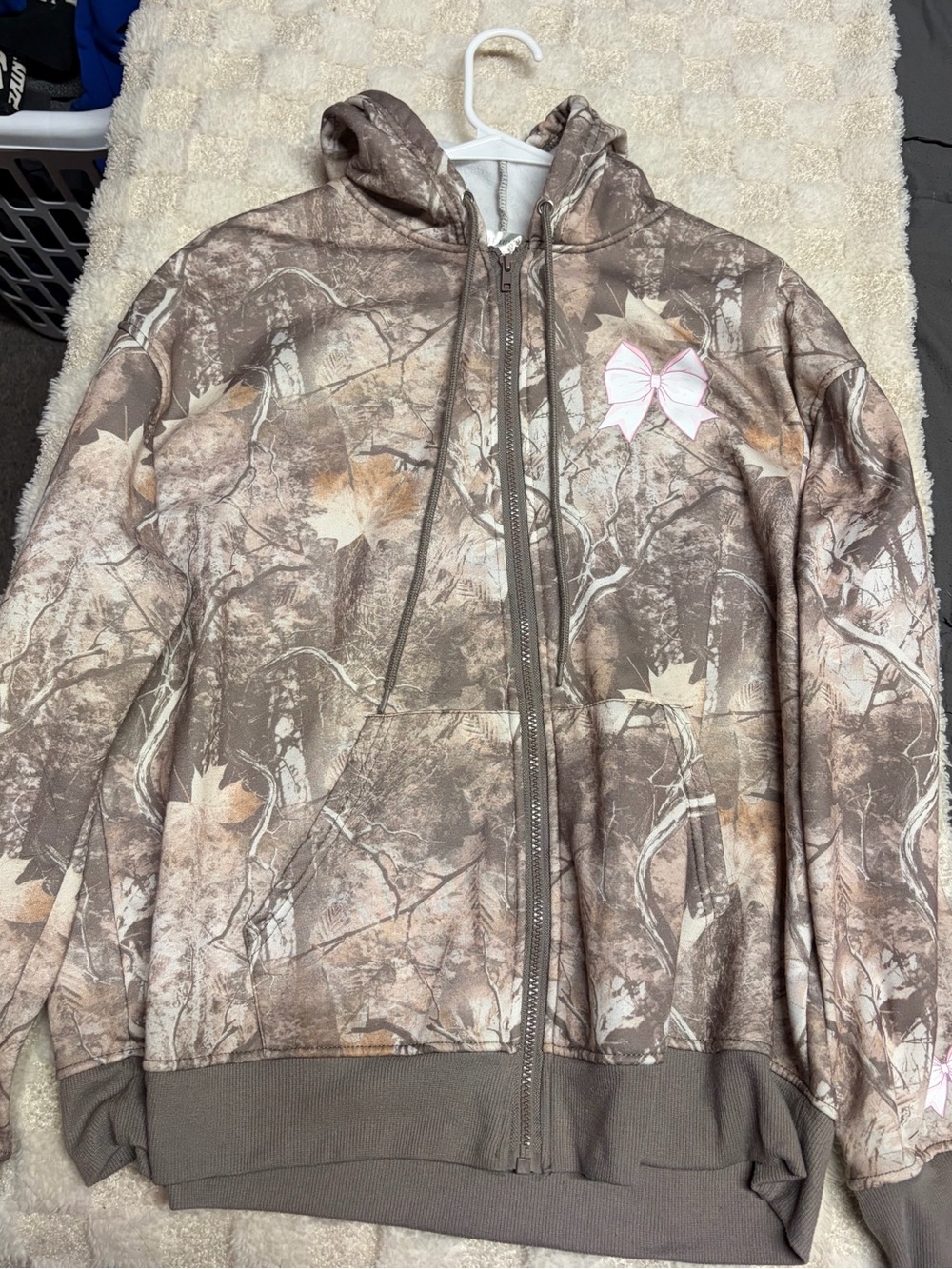 Camo Zip-Up Hoodie with Pink Bow Accent